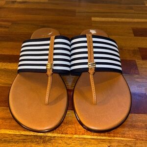 NWOB Italian Shoemakers size 7.5 thong sandals, blue & white stripe gold accent